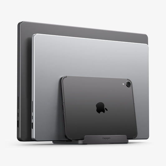 AMP10640 - Vertical Laptop Stand | LD208S4 in Space Gray showing side with device