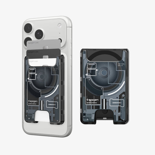 AFA11304 - Ultra Hybrid MagFit card wallet transparent black showing front view with cards inserted and detached wallet highlighting internal circuit inspired design and rear finger cutout