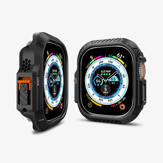 ACS06208 - Apple Watch (49mm) Lock Fit in Black showing the front and side of 2 watches face