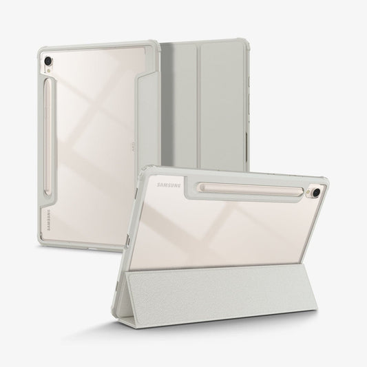 ACS06838 - Galaxy Tab S9 Case Ultra Hybrid Pro in gray showing the back, front and device propped up by built in kickstand