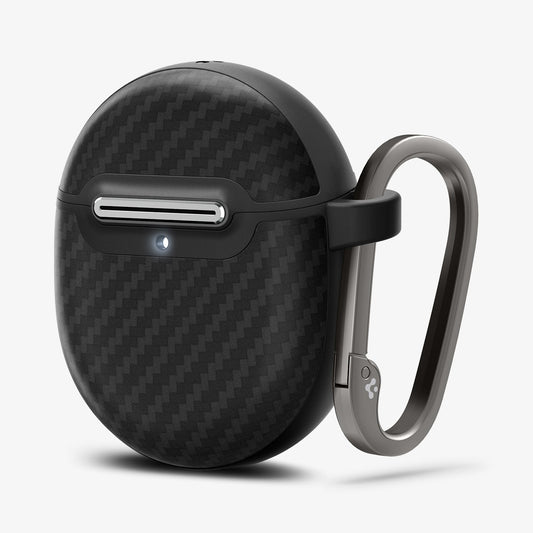 ACS07649 - Pixel Buds Pro 2 Case Enzo Aramid in Matte Black showing the front, partial side with carabiner