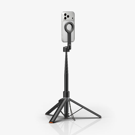 AMP11372 - Selfie Stick | S582W in Black showing a tripod setup with extended pole and mounted smartphone for stable hands-free shooting.