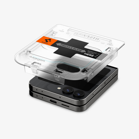 AGL07972 - Galaxy Z Flip 7 FE GLAS.tR EZ Fit showing the alignment tray hovering above the device