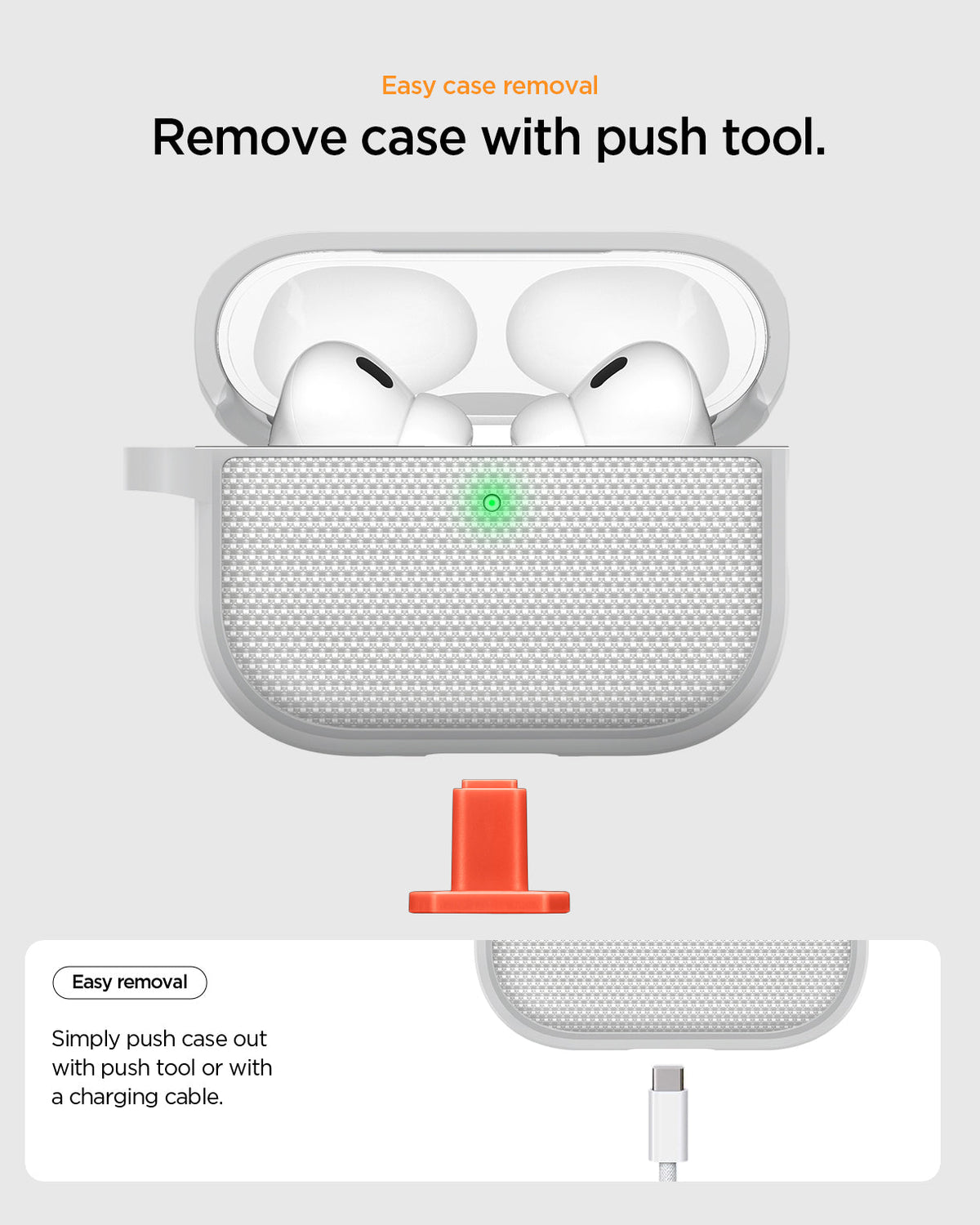 ACS11144 - AirPods Pro 3 Classic Fit case demonstrating easy case removal using included push tool, showing push-out method from the bottom opening for quick and safe removal