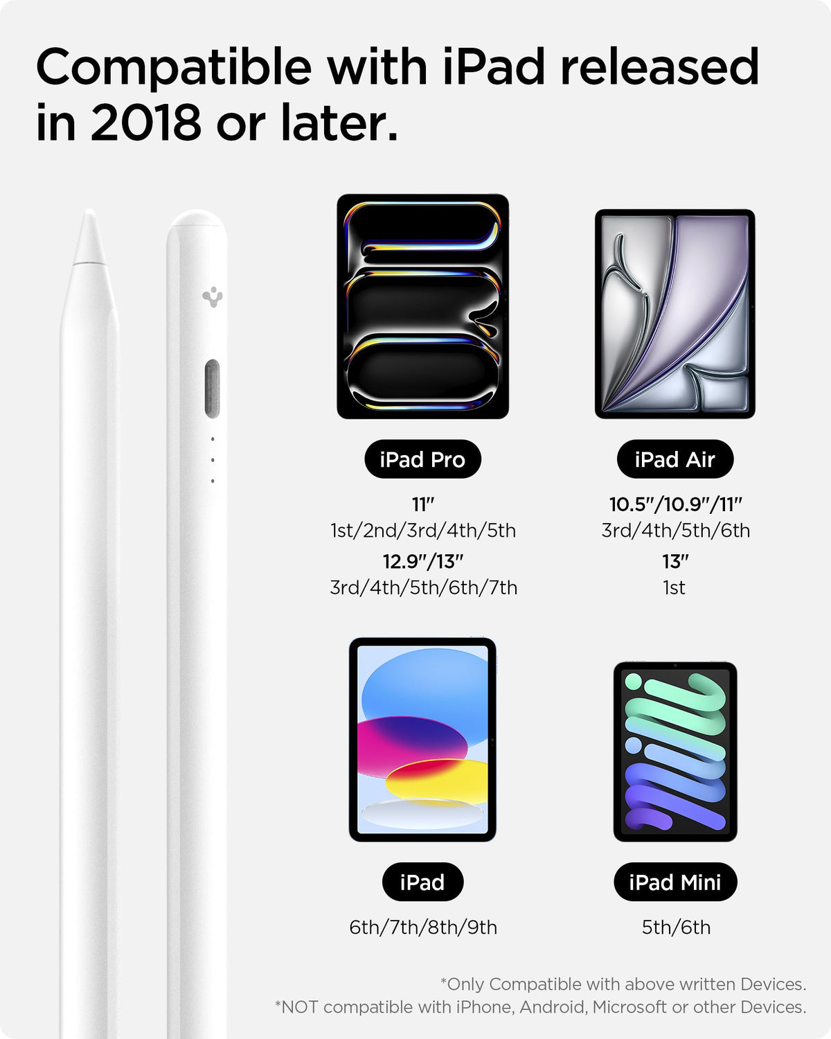 APP07858 - Apple Stylus Pen | DA12 White showing compatible with iPad released in 2018 or later