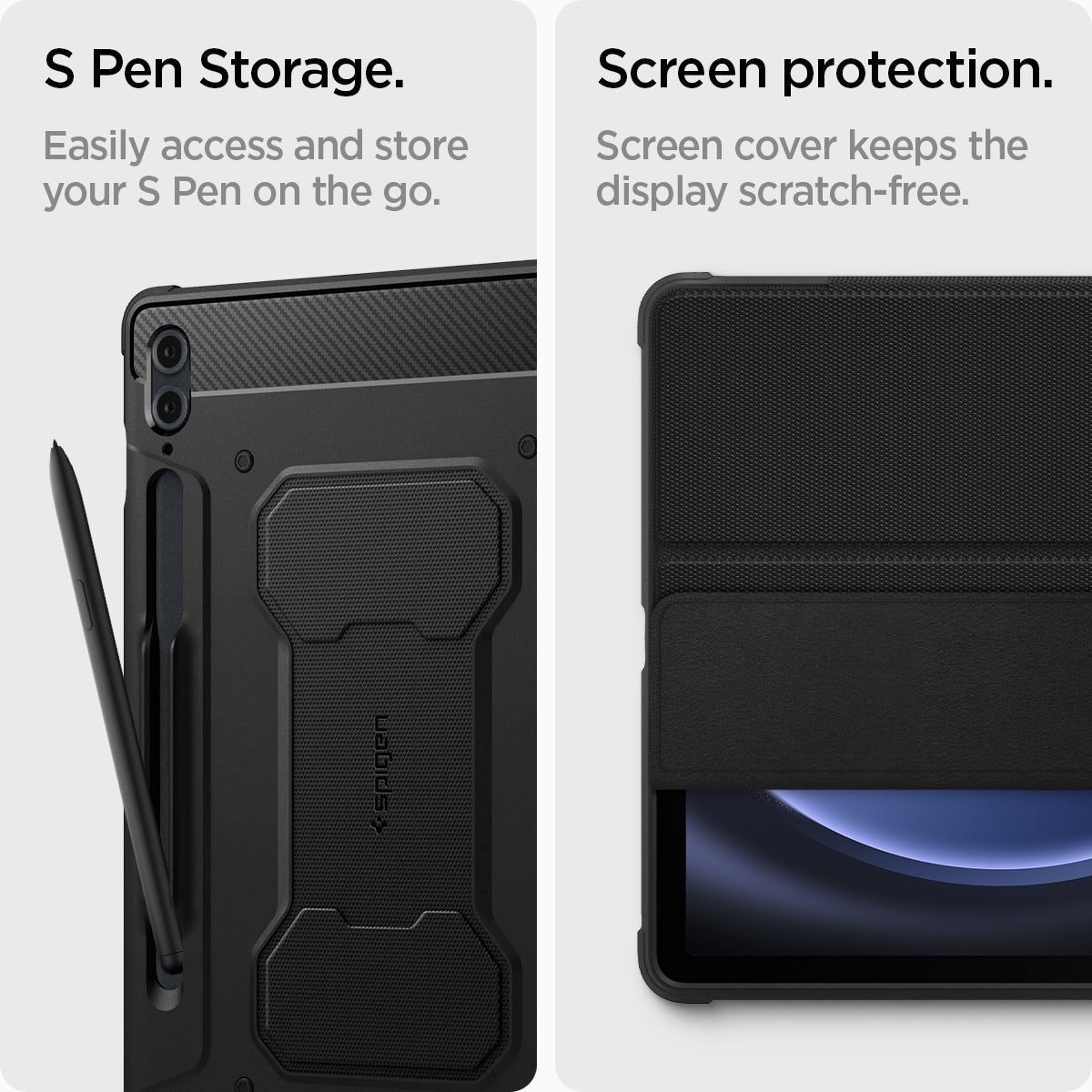 ACS06856 - Galaxy Tab S9 FE+ Case Rugged Armor Pro in black S pen storage. Easily access and store your S pen on the go. Screen protection. Screen cover keeps the display scratch free.