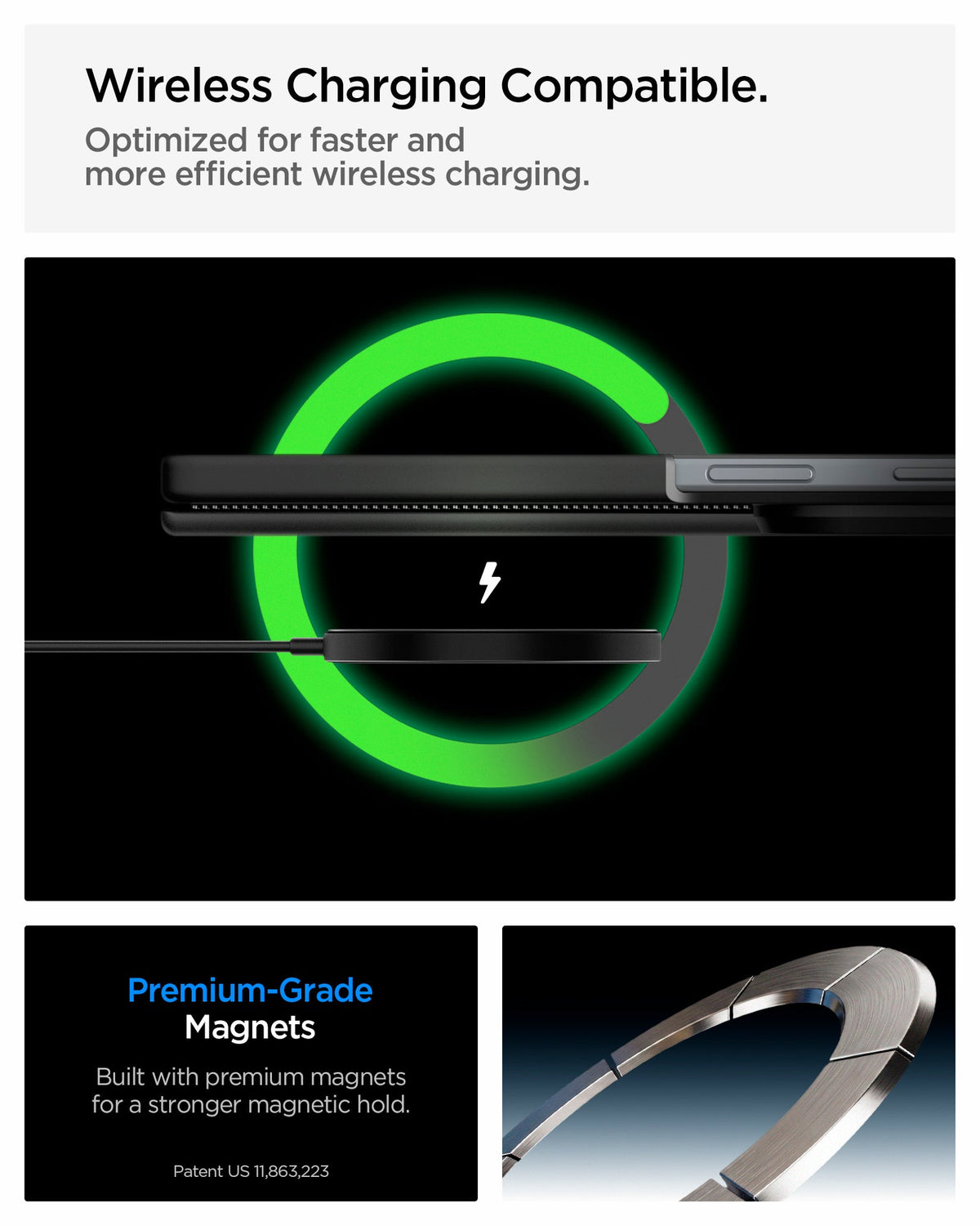 ACS11500 - Galaxy Z Fold 8 Series Optik Armor Pro (Mag Fit) showing it is wireless charging compatible. Optimized for faster and more efficient wireless charging.