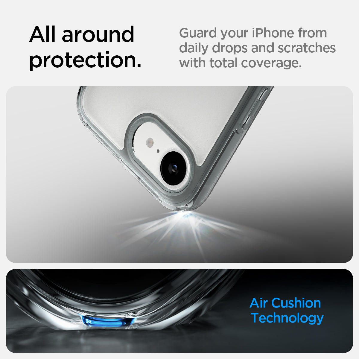 ACS09531 - iPhone 17e Case Ultra Hybrid in Space Crystal showing the all around protection. Guard your iPhone from daily drops and scratches with total coverage with Air Cushion Technology