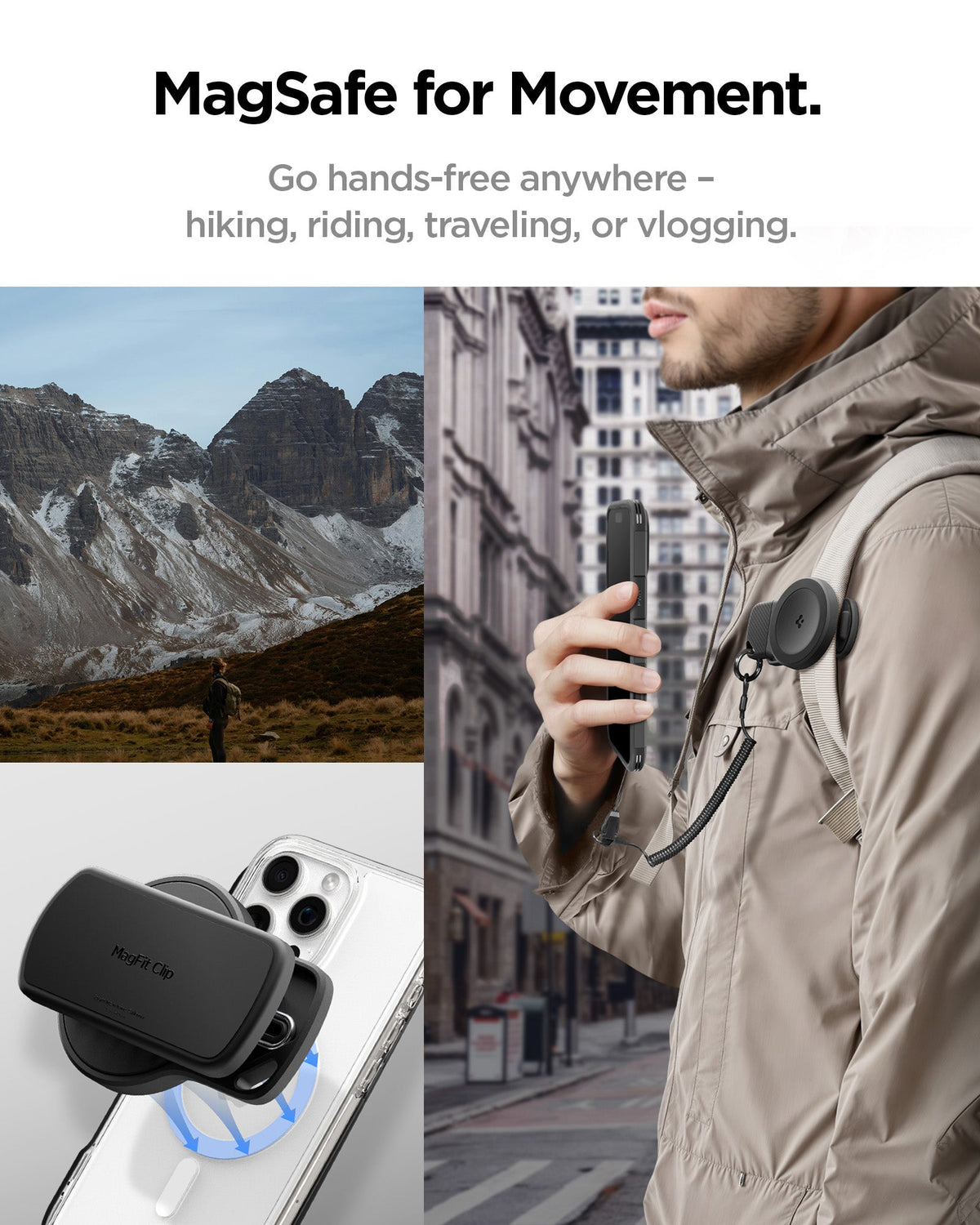 AMP09122 - Mag Fit Clip in black magsafe for movement. go hands free anywhere, hiking, riding, traveling, or vlogging.