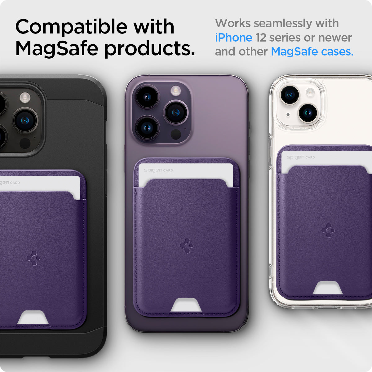 AFA06267 - MagSafe Card Holder Valentinus (MagFit) in purple showing the compatible with magsafe prodcuts, works seamlessly with iphone 12 series or newer and other magsafe cases