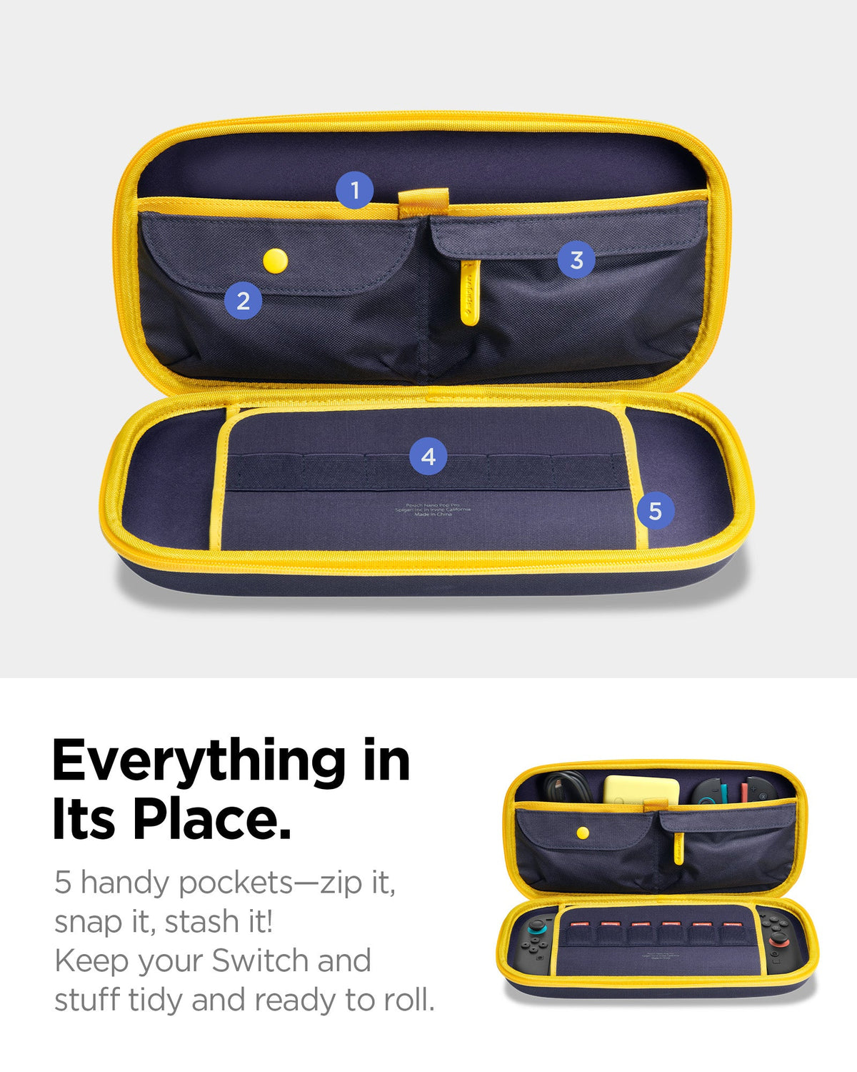 AGP09565 - Nintendo Switch 2 Nano Pop Pro Blueberry Navy showing everything in its place. 5 handy pockets-zip it, snap it, stash it. Keep your switch and stuff tidy and ready to roll
