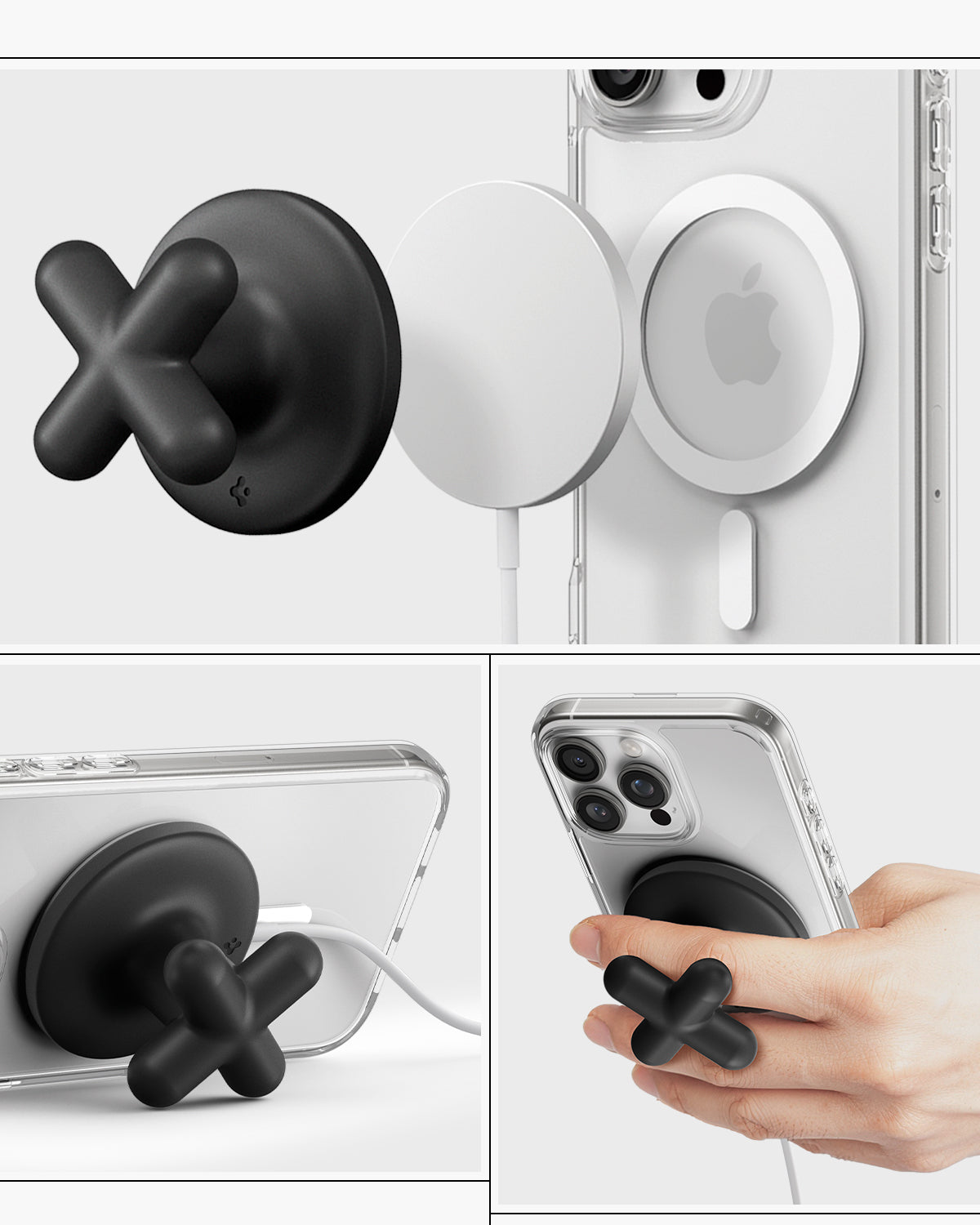 AMP10137 - O-Mag Charging Grip (MagFit) | OM107 in Black showing charging pad attach with magfit case and stand