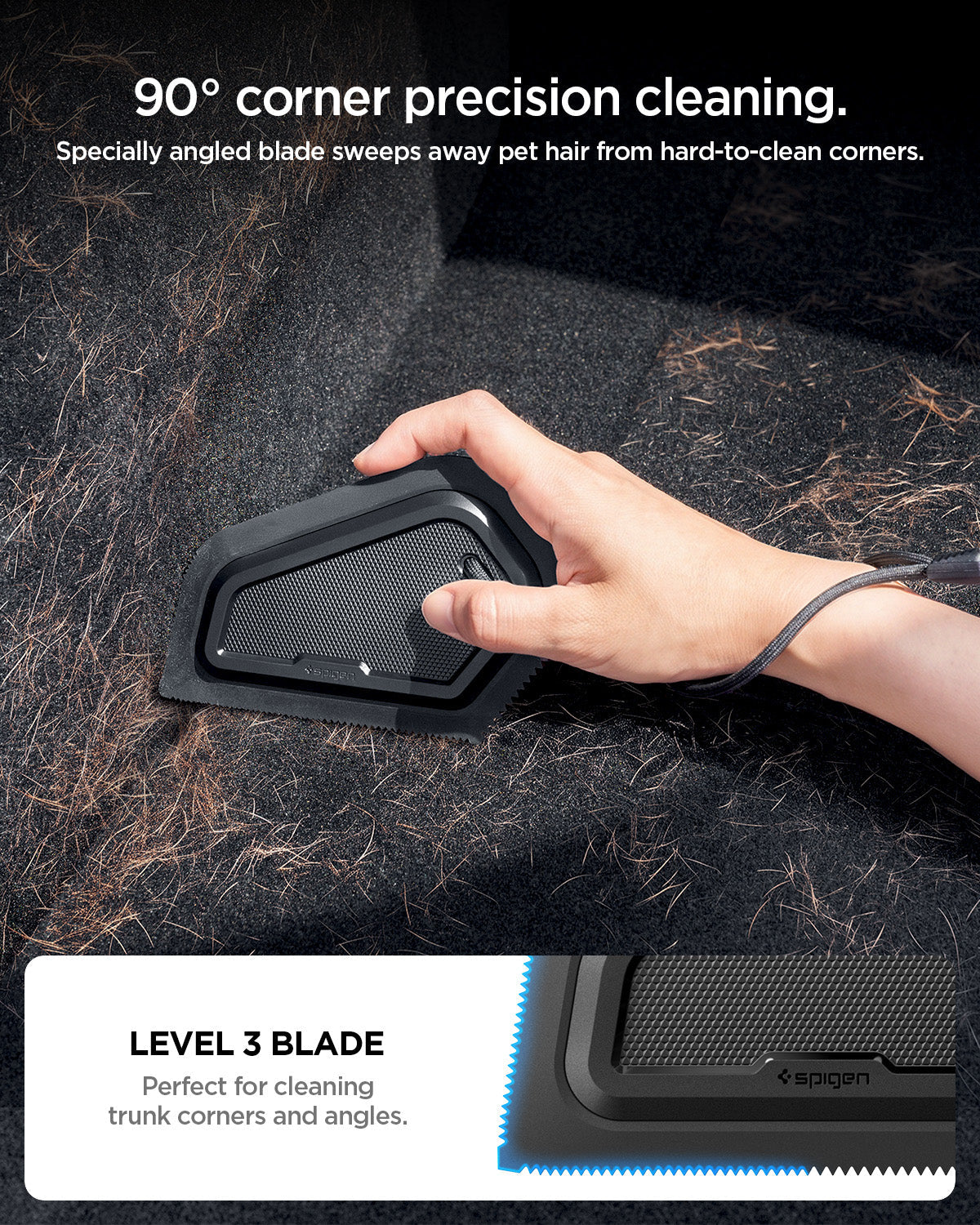 ACP11829 - Spigen scraper's angled Level 3 blade cleaning pet hair from a tight trunk corner
