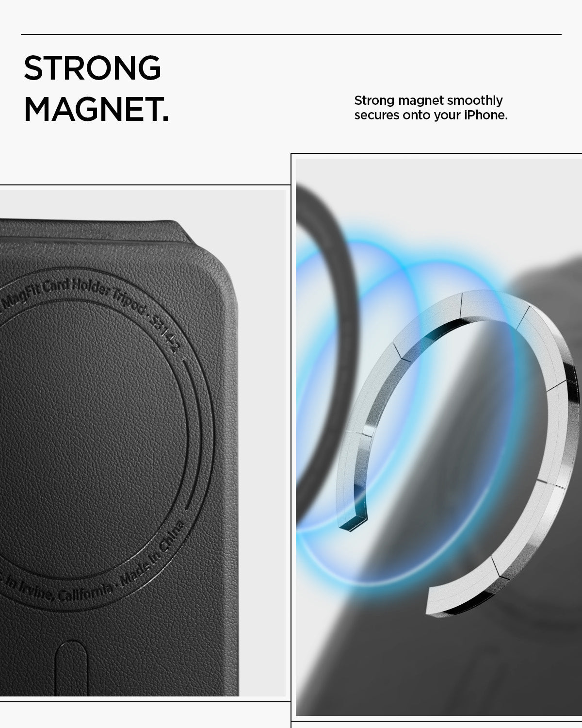 AFA10405 - MagSafe Card Holder Slim Fold (MagFit) | S314-1 in Black showing strong magnet. strong magnet smoothly secures onto your iPhone