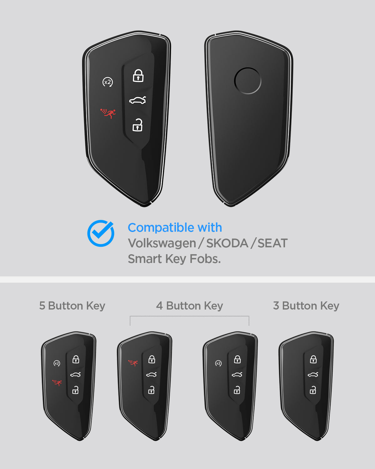 ACS10426 - Volkswagen Key Fob Cover | VK100 in Matte Black showing the compatibility. Compatible only with Volkswagen/SKODA/SEAT Smart Key Fobs. 5 button key, 4 button key, 3-button key.