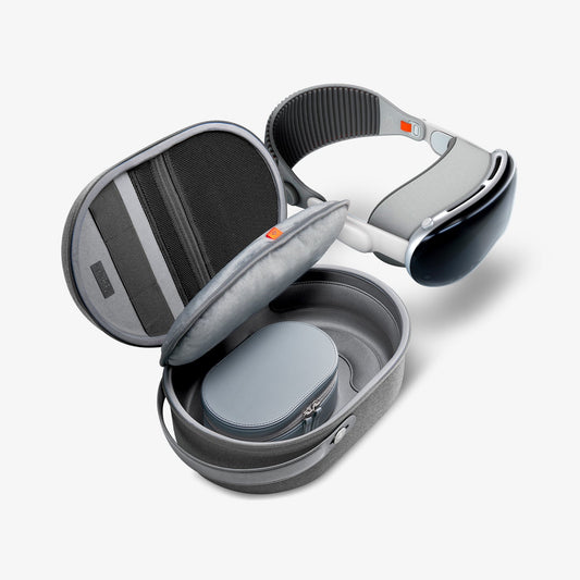 AFA07240 - Apple Vision Pro Klasden Pouch in Charcoal Gray showing the inner of a pouch with foam and a device