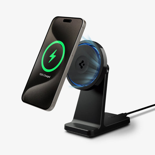 ACH07976 - OneTap Phone Stand S310WC (MagFit) in Black showing the front, partial side with device hovering above
