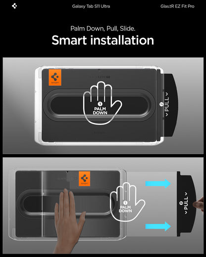 AGL10200 - Galaxy Tab S11 Ultra EZ FIT GLAS.tR showing palm down, pull, slide smart installation