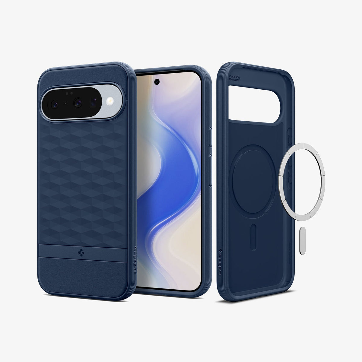 ACS09710 - Pixel 10 Pixel 10 Pro in midnight blue showing the back, front and inside