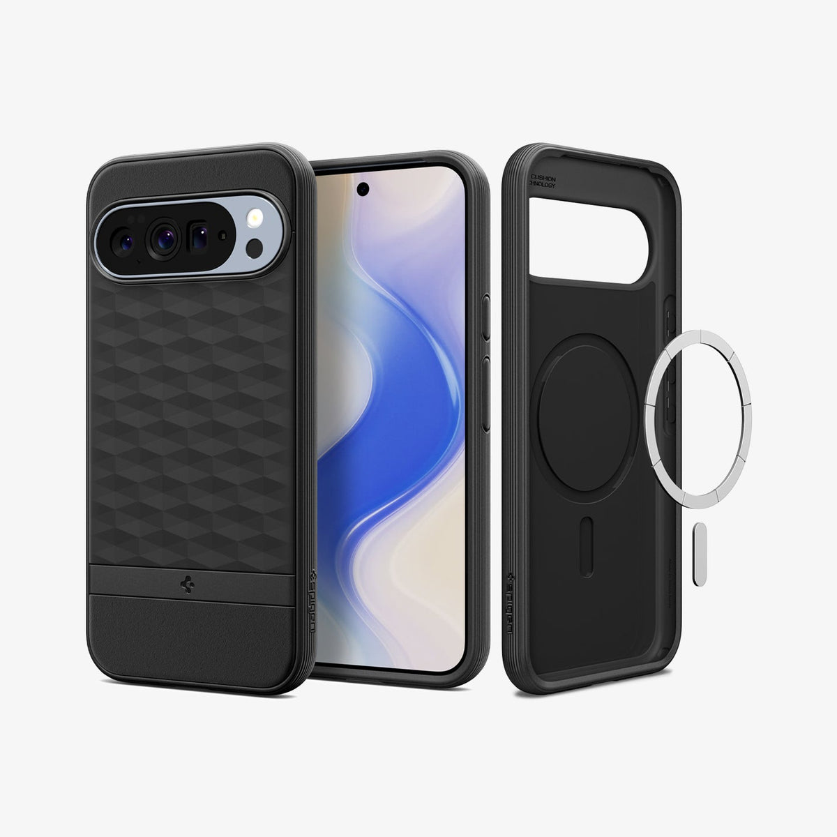 ACS09731 - Pixel 10 Pro XL Case Parallax (MagFit) in black showing the back, front and inside