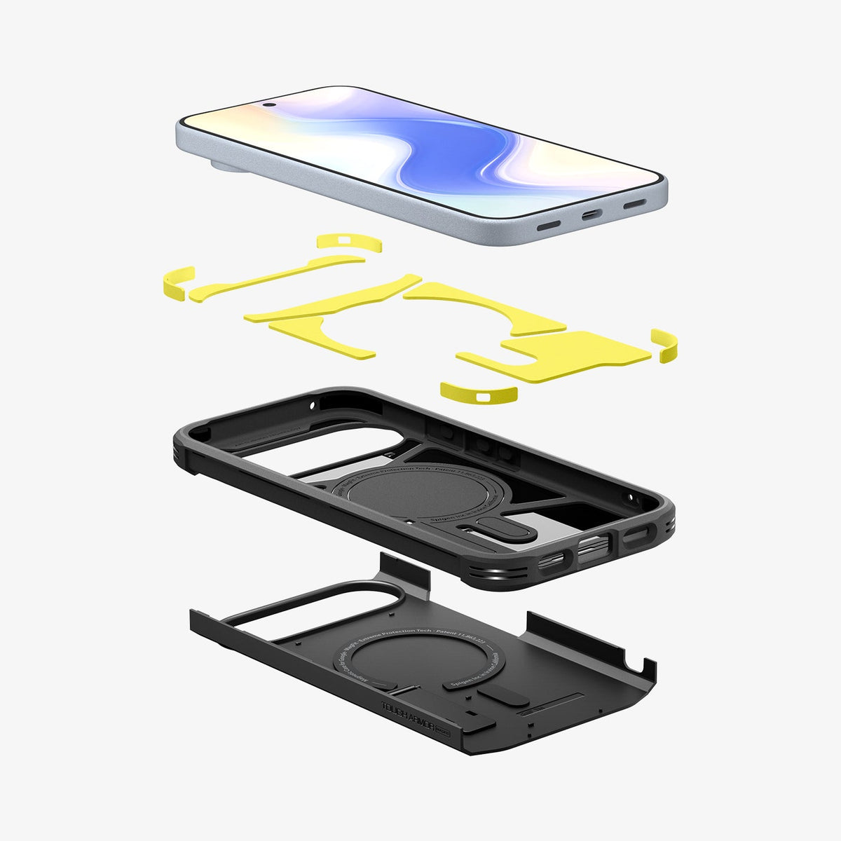 ACS09705 - Pixel 10 Pixel 10 Pro Tough Armor AI (MagFit) in black showing the multiple layers of case hovering below device