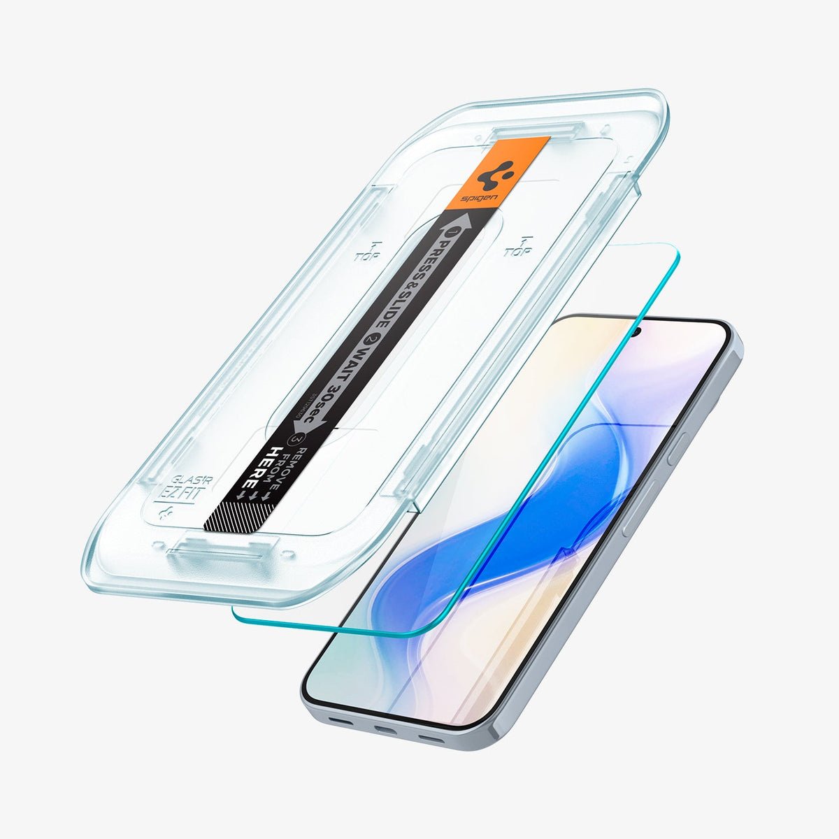 AGL08445 - Pixel 10 Pro XL GLAS.tR EZ Fit Screen Protector showing the device with screen protector and ez fit tray hovering in front