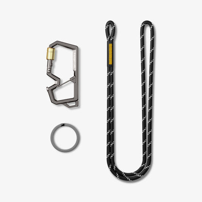AHP08894 - Carabiner | LF101 in black showing the carabiner, key ring and the rope separately