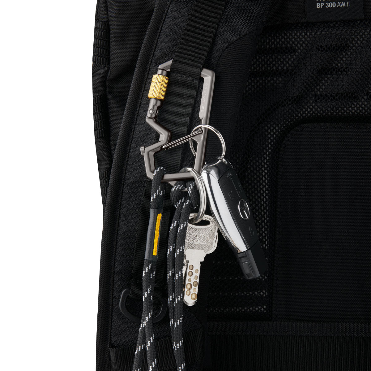 AHP08894 - Carabiner | LF101 in black showing the carabiner with keys attached to the strap of the bag