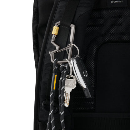 AHP08894 - Carabiner | LF101 in black showing the carabiner with keys attached to the strap of the bag