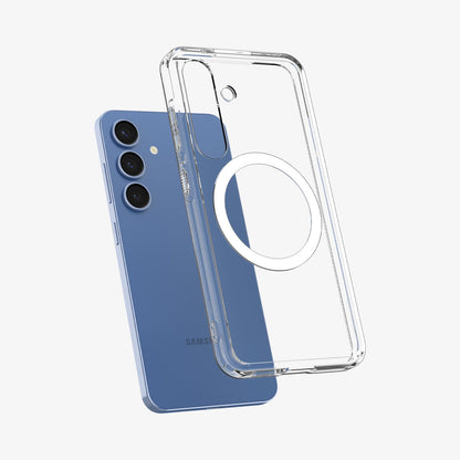 ACS08981 - Galaxy S25 Plus Case Ultra Hybrid Metal Ring (MagFit) in Clear White showing the back, partial side and bottom hovering above the device