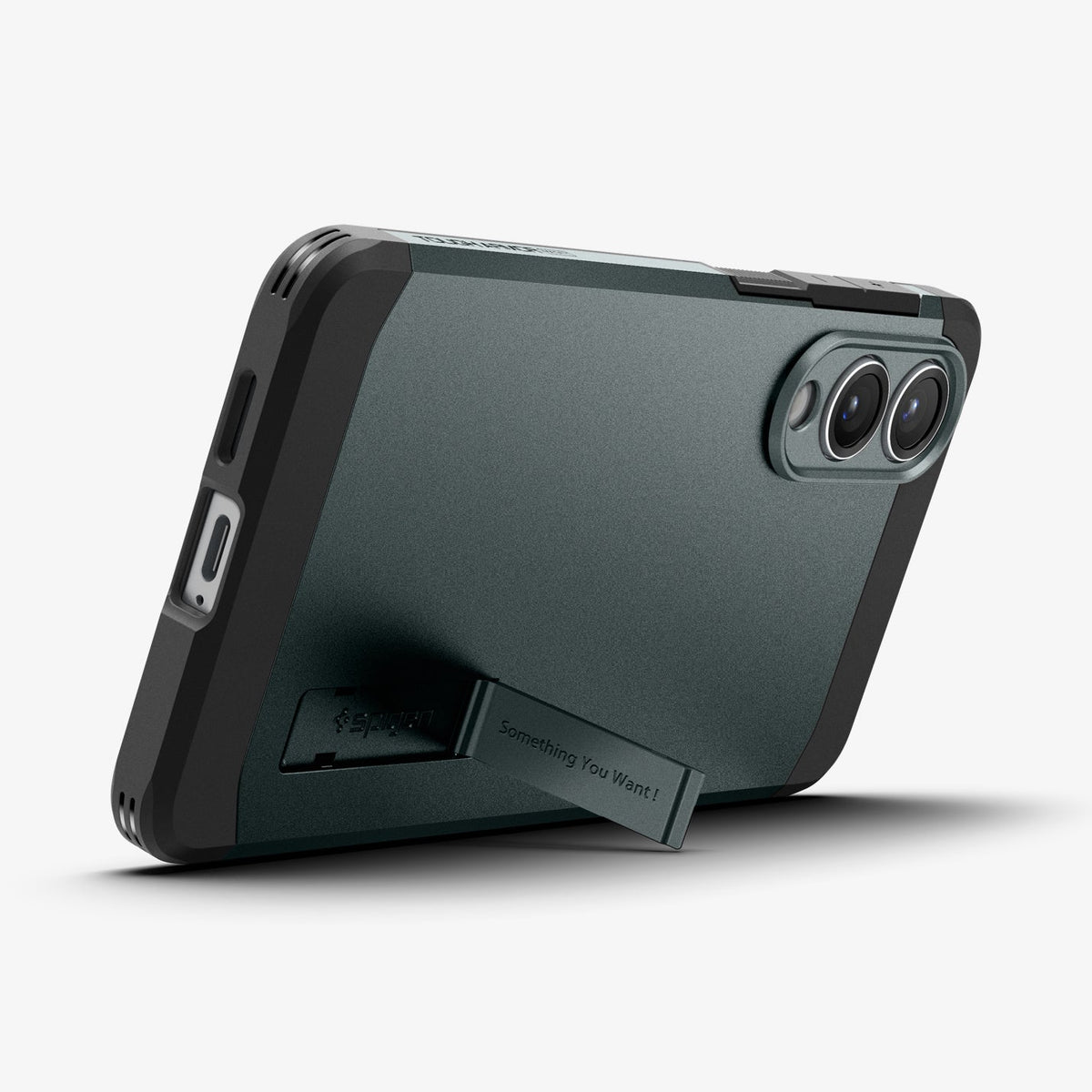 ACS09424 - Galaxy S25 Edge Case Tough Armor AI (MagFit) in Abyss Green showing the back, partial bottom, propped up with the built-in kickstand in landscape mode