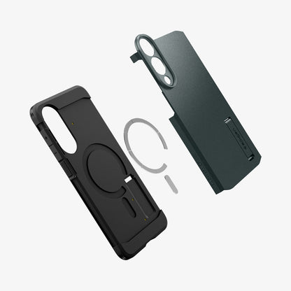 ACS09424 - Galaxy S25 Edge Case Tough Armor AI (MagFit) in Abyss Green showing the back layer, hovering above the detached magnet ring and first layer of the case