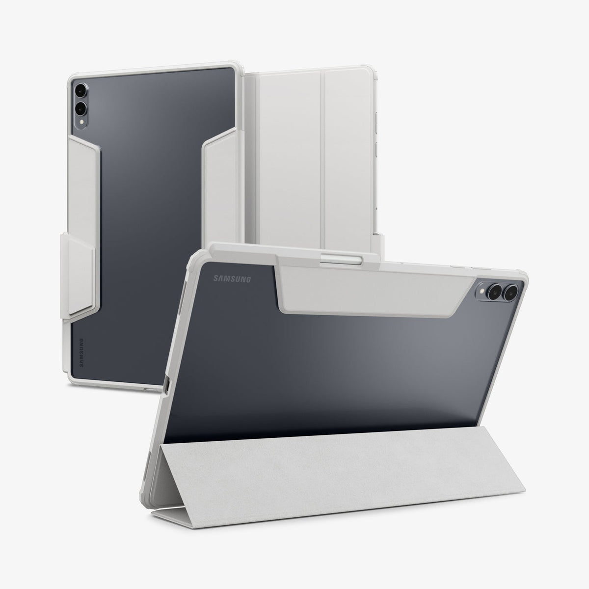ACS10220 - Galaxy Tab S11 Ultra Series Ultra Hybrid Pro in Gray showing the back, front and device propped up by built in kickstand