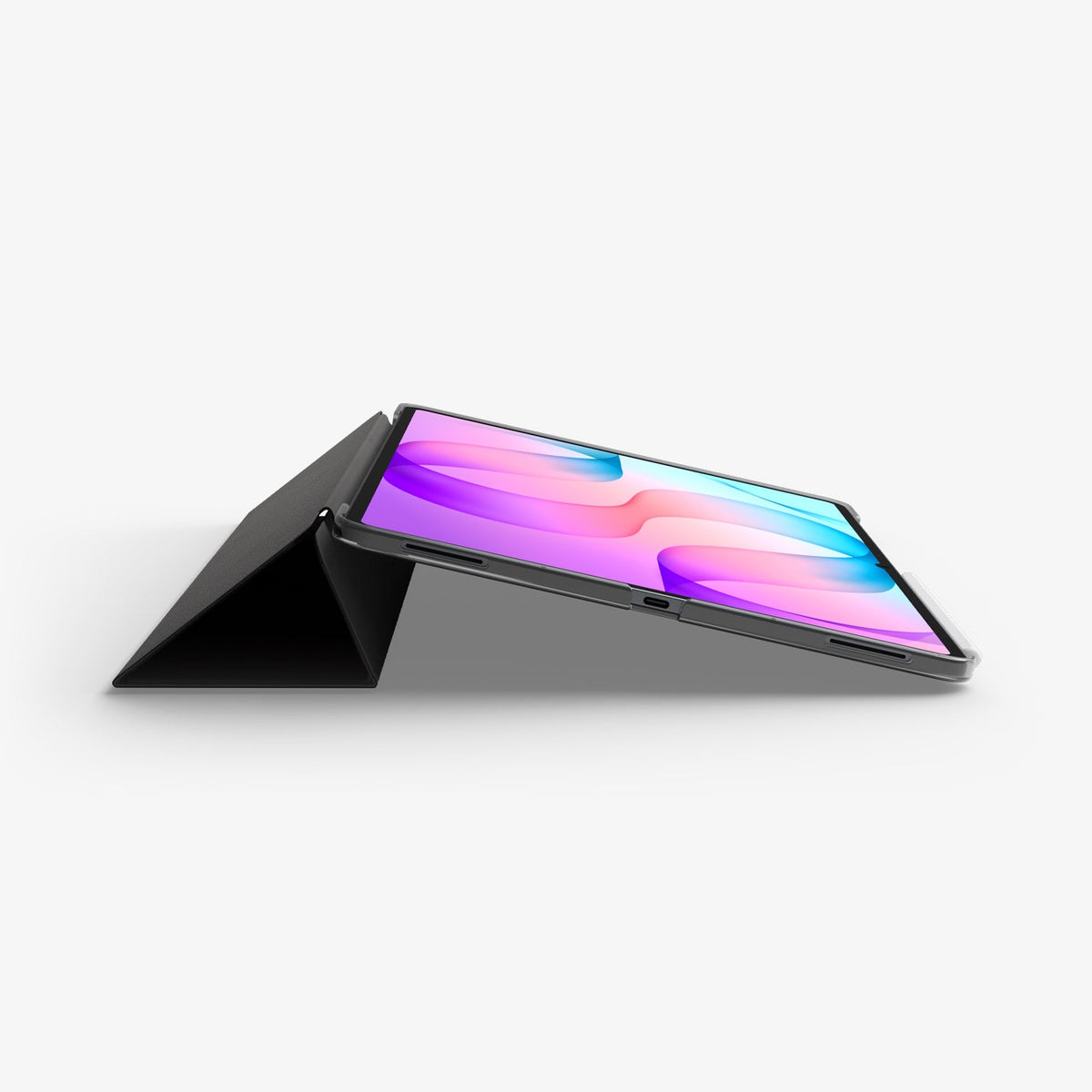 ACS11821 - Galaxy Tab S12 Ultra Liquid Air Folio showing a tablet supported at a low viewing angle by the folded folio cover.