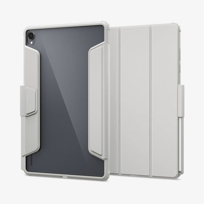 ACS11826 - Galaxy Tab S12+ Ultra Hybrid Pro in Gray showing front and back views of a folio tablet case with a transparent back panel, reinforced frame, tri-fold cover, and stylus storage.