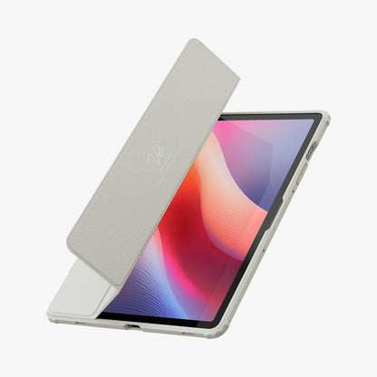 ACS09533 - Galaxy Tab S10 FE Case Ultra Hybrid Pro in Gray showing the partial front, side and bottom, front cover partially lifted