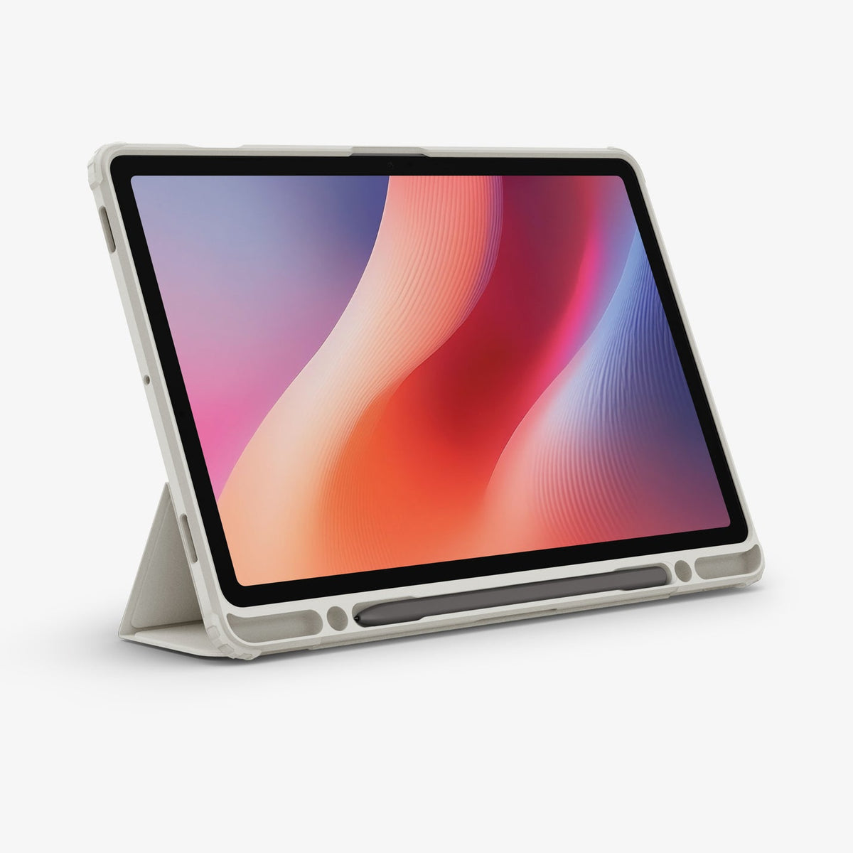 ACS09533 - Galaxy Tab S10 FE Case Ultra Hybrid Pro in Gray showing the front, partial side and bottom with s pen attached, while front cover serve as a stand