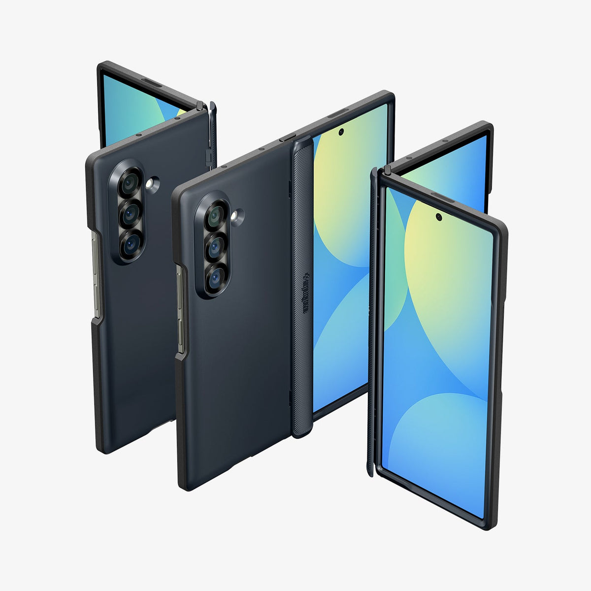 ACS09552 - Galaxy Z Fold 7 - Slim Armor Pro (MagFit) in metal slate showing the front, partial front, back, partial back and hinge of 3 devices aligned with each other