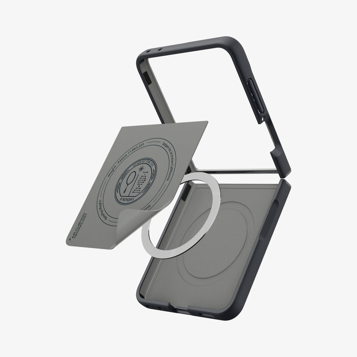 ACS11518 - Galaxy Z Flip 8 Nano Pop (Mag Fit) Black Sesame showing an angled close-up of the case's interior with a gray magnet alignment sheet lifted, patent labeling, and the "Air Cushion Technology" text visible.