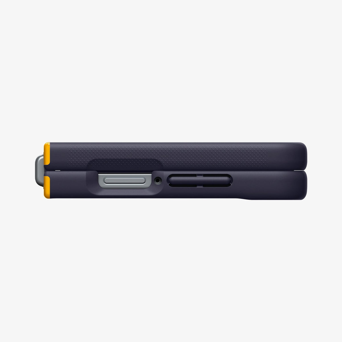 ACS11517 - Galaxy Z Flip 8 Nano Pop (Mag Fit) Blueberry Navy showing the side profile of the Galaxy Z Flip 8 with the NanoPop MagFit case, highlighting the yellow trim and button cutouts.