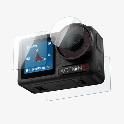 AGL09234 - DJI Osmo Action 5 Glas.tR SLIM in Clear showing the lens screen, front screen and back screen protector hovering in front of the device