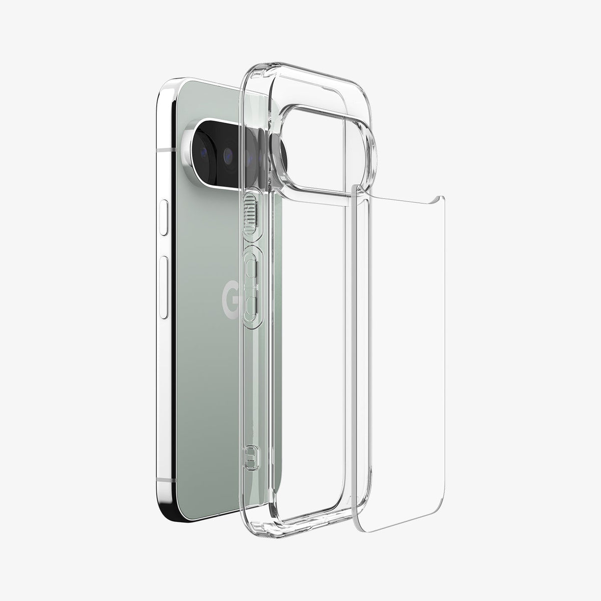 ACS11430 - Pixel 11 Pro Ultra Hybrid Crystal Clear exploded view showing the flexible frame, rigid back panel, and hybrid construction for added durability.
