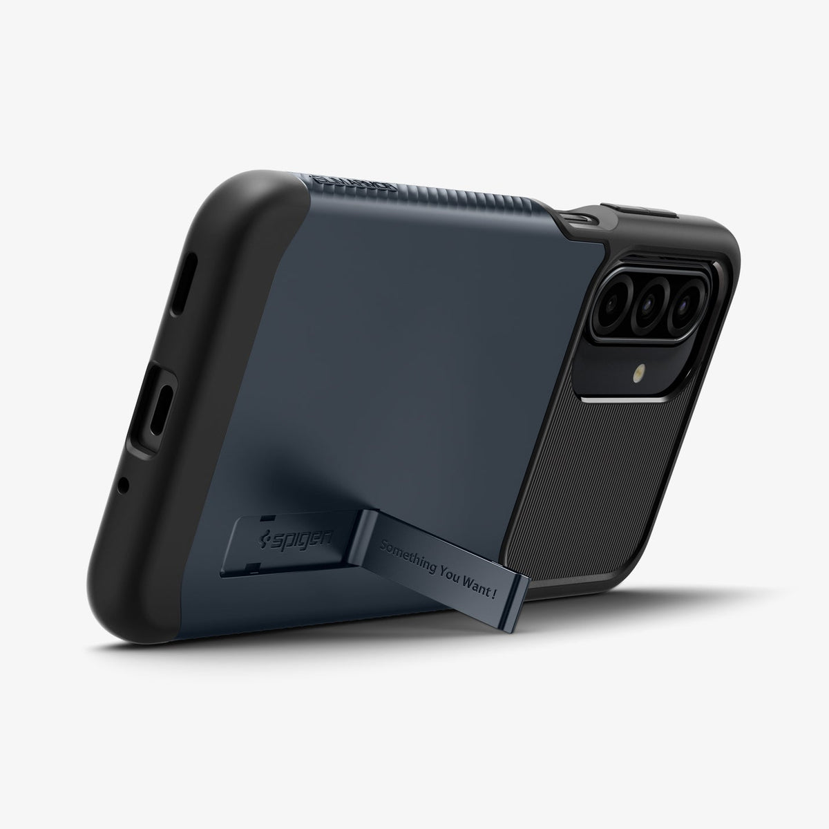 ACS11193 - Galaxy A17 Slim Armor in Metal Slate showing the back, partial side and bottom with built-in kickstand propped up