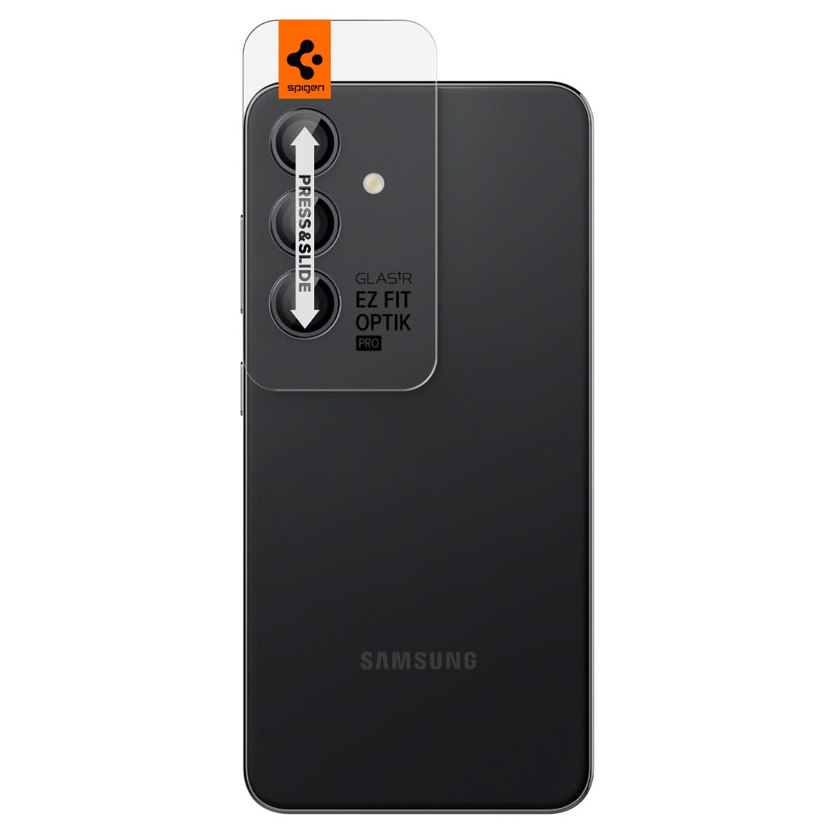 AGL07442 - Galaxy S24 Optik Pro EZ Fit Lens Protector in Gray showing the back with camera lens tray protector attached to the device