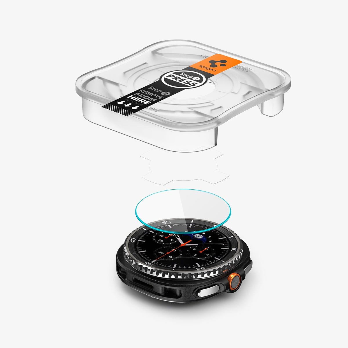 AGL09877 - Galaxy Watch 8 46mm GLAS.tR EZ Fit showing the ez fit tray, film, screen protector and watch face