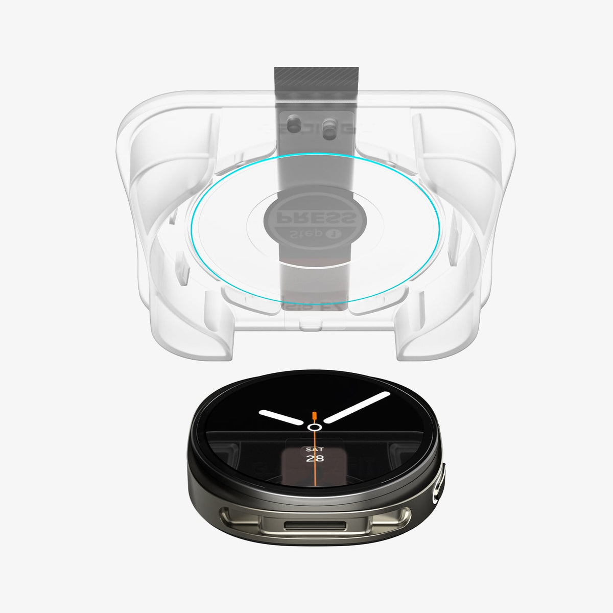 AGL09874 - SWi-dj GLAS.tR EZ Fit showing the ez fit tray and screen protector hovering above the watch face