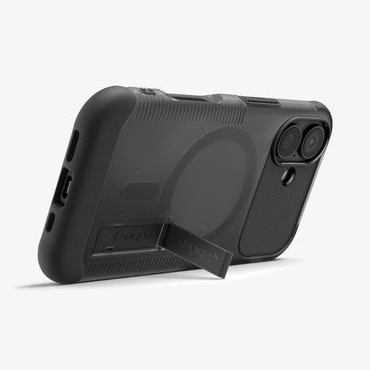 ACS09689 - iPhone 17 Slim Armor (MagFit) in Frost Black showing the back, partial side and bottom, propped up with a built-in kickstand