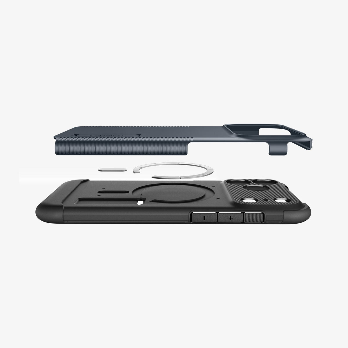 ACS09634 - iPhone 17 Pro Slim Armor (MagFit) in Metal Slate showing the back cover hovering above detached metal ring plate and the back of the case