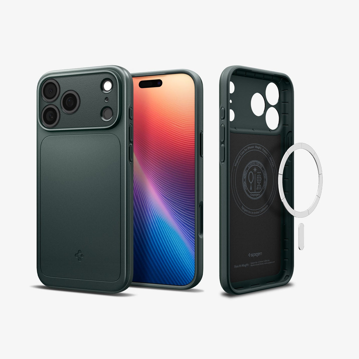 ACS09935 - iPhone 17 Pro Thin Fit (MagFit) in Abyss Green showing the back, front and inside