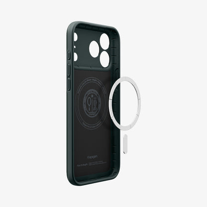 ACS09935 - iPhone 17 Pro Thin Fit (MagFit) in Abyss Green showing inside with magfit magnet